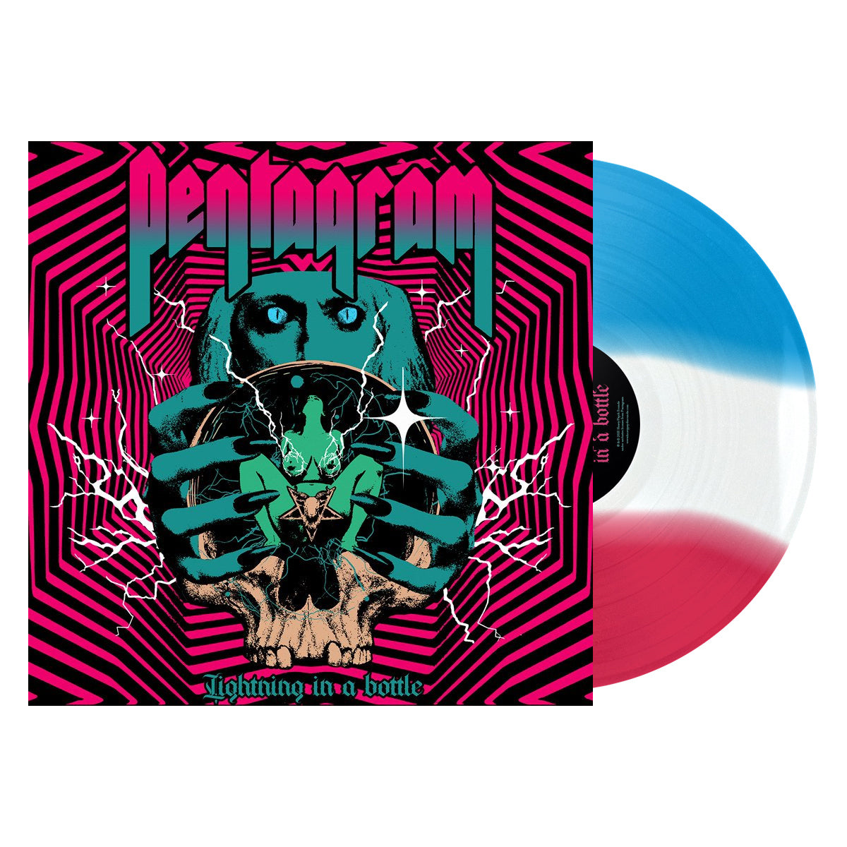Pentagram - Lightning In A Bottle — sleeve with striped magenta, white and blue vinyl on white