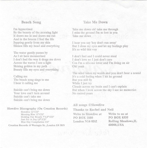 Slowdive - Beach Song / Take Me Down 7" Vinyl