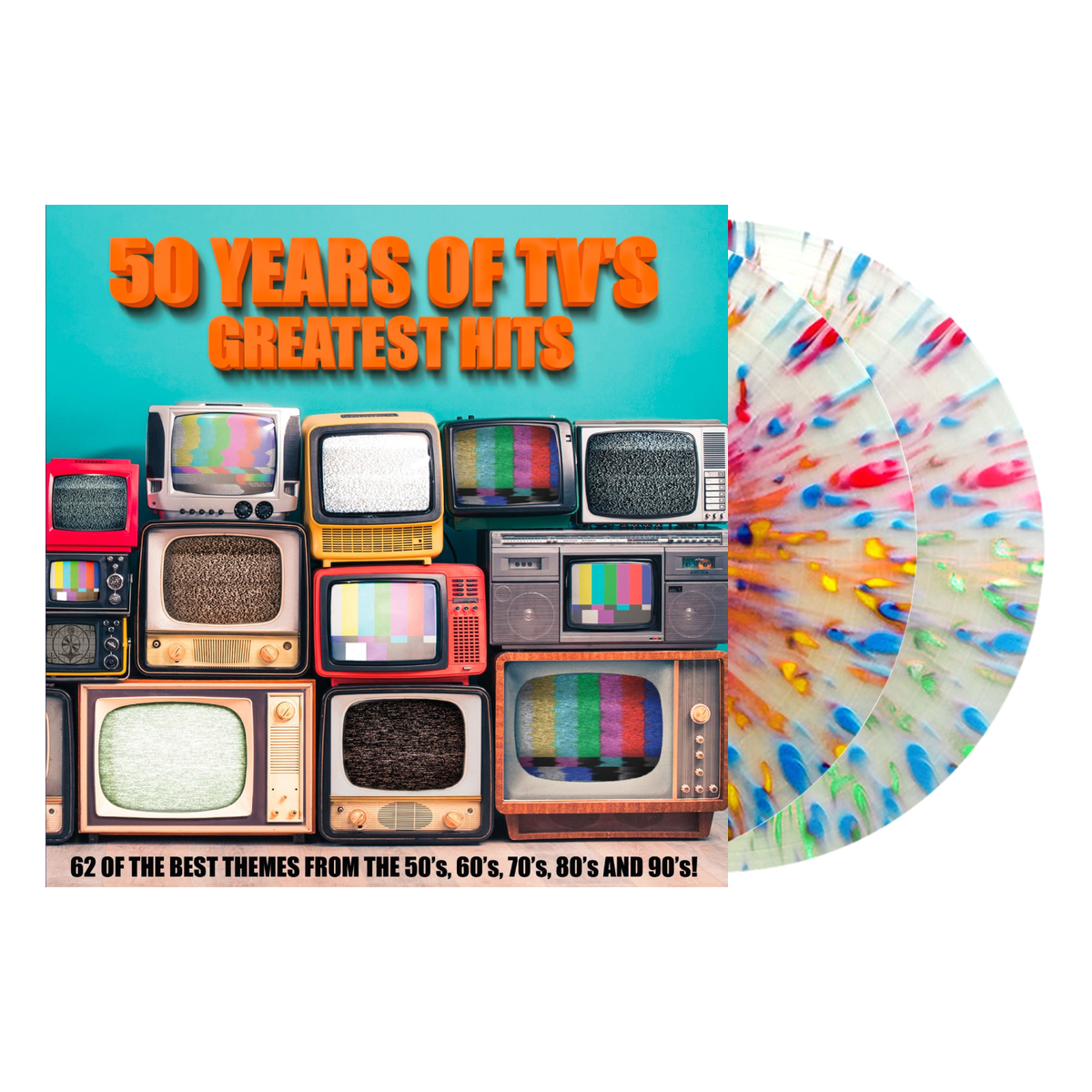 Various - 50 Years Of TV's Greatest Hits — sleeve with two multicolor splatter vinyl records on white