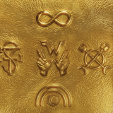 Golden textured vinyl record with embossed symbols and matching gold vinyl sleeve for weezer artifact wzr.004 black gold vinyl signed edition